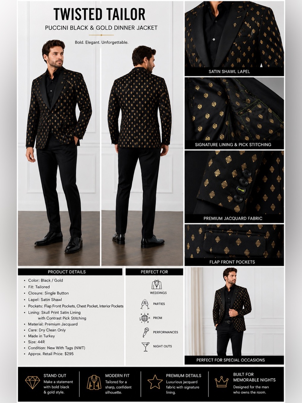 Twisted Tailor Puccini Black Gold Jacquard Dinner Jacket Blazer 44R Shawl Lapel